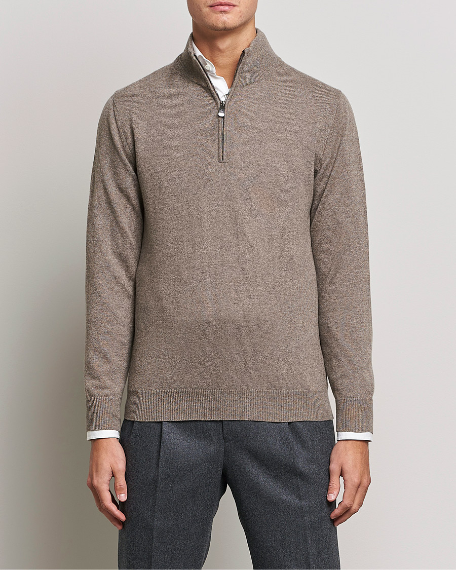 Herre | Half-zip | Piacenza Cashmere | Cashmere Half Zip Sweater Brown