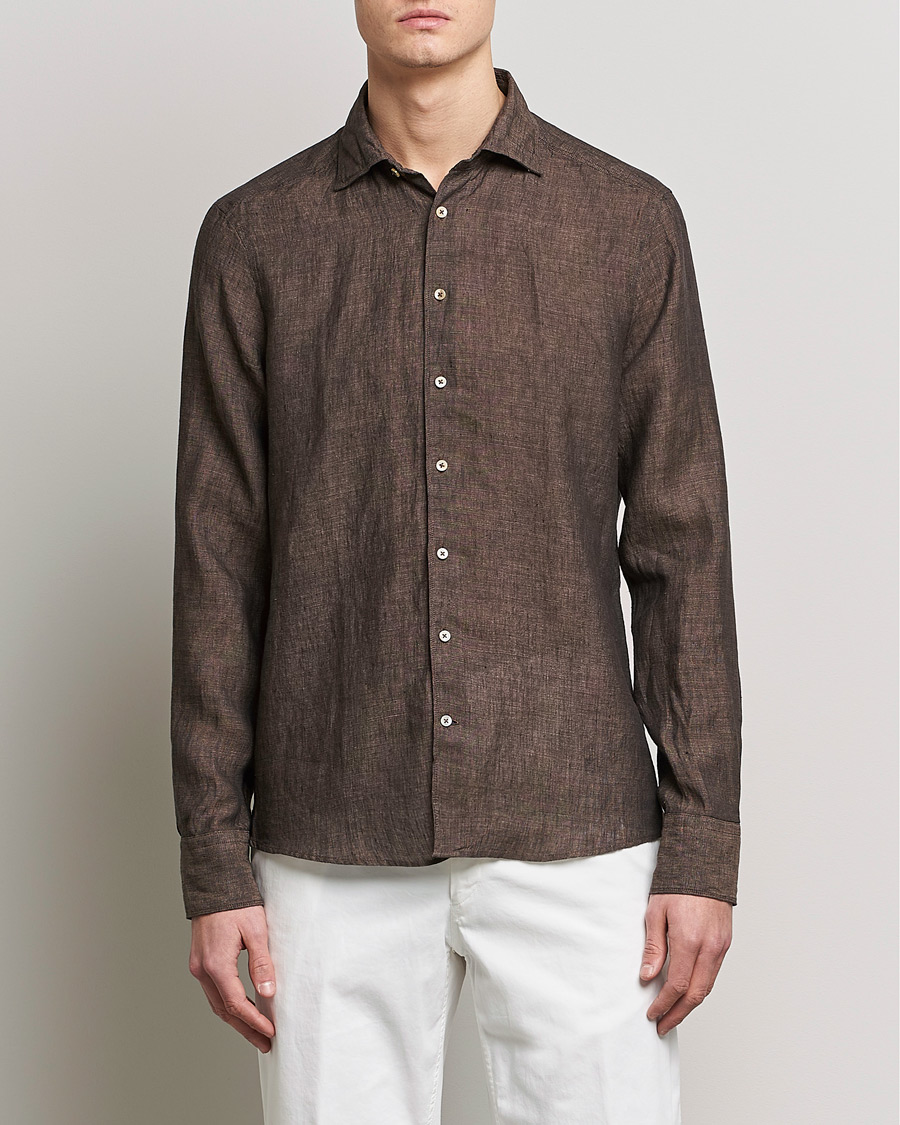 Herre | Hørskjorter | Stenströms | Slimline Cut Away Linen Shirt Dark Brown
