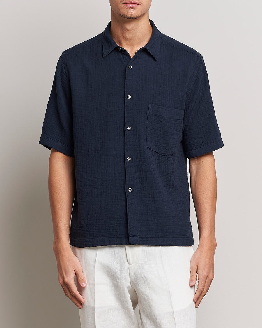 Herre |  | Oscar Jacobson | Short Sleeve City Crepe Cotton Shirt Navy