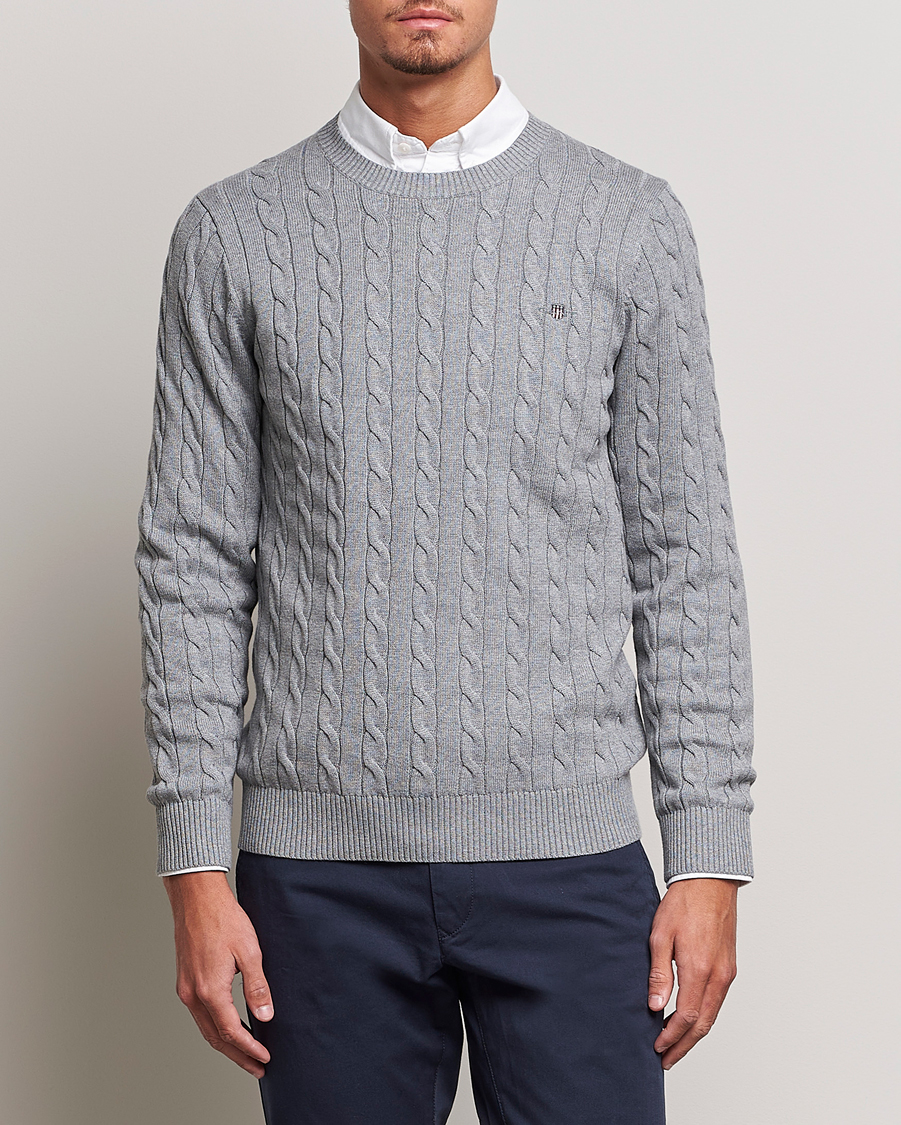 Herre | Strikkede trøjer | GANT | Cotton Cable Crew Neck Pullover Grey Melange