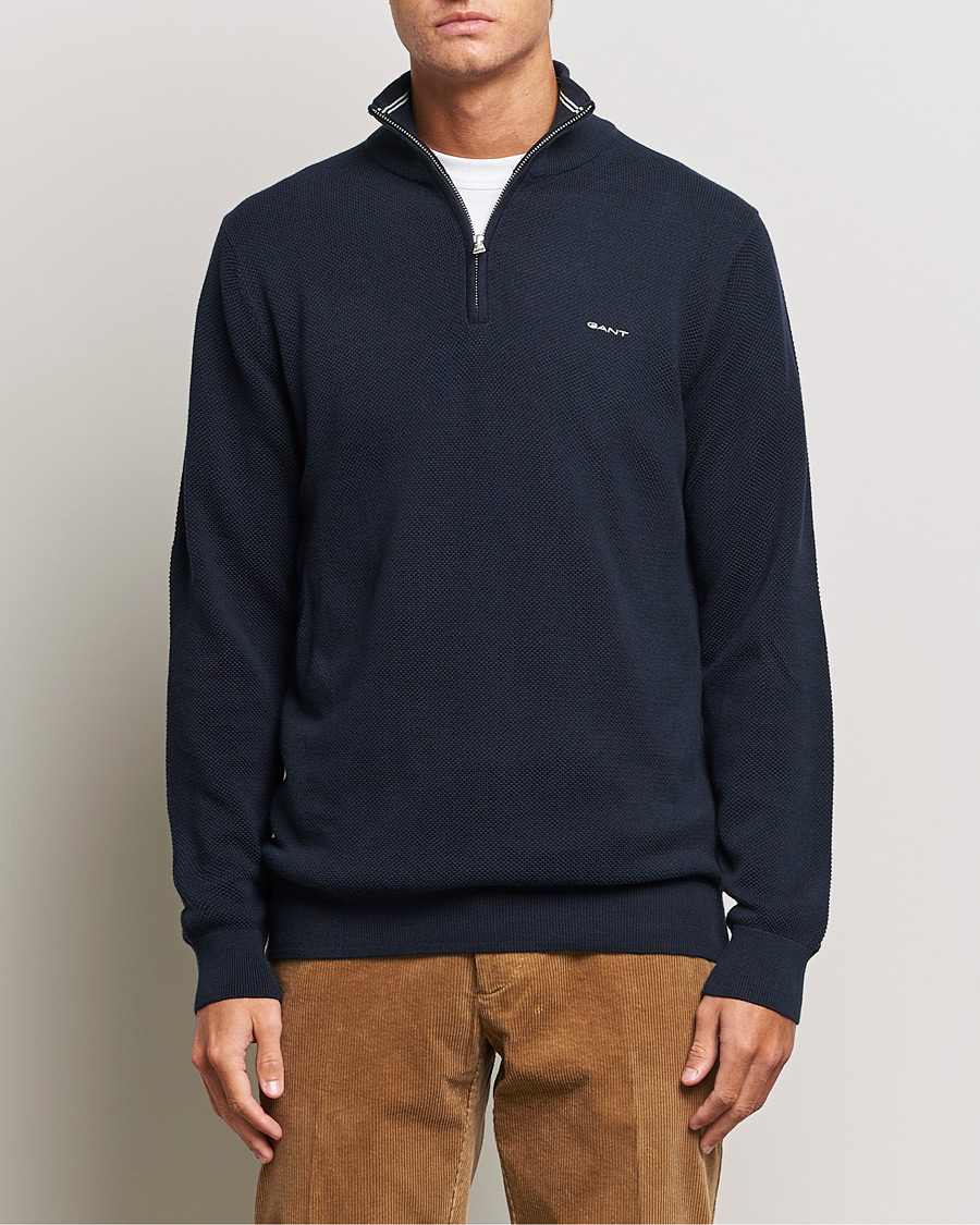 Herre | Tøj | GANT | Cotton Pique Half-Zip Sweater Evening Blue