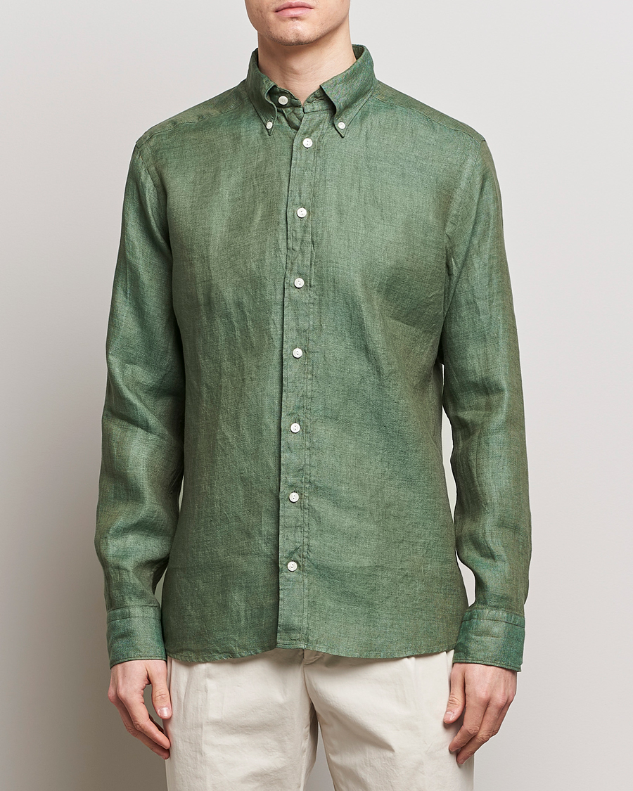 Herre | Hørskjorter | Eton | Slim Fit Linen Button Down Shirt Dark Green