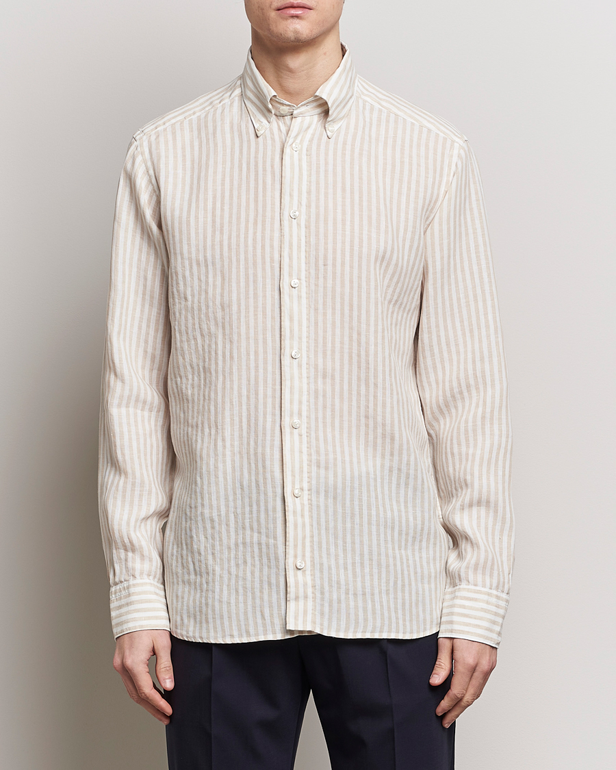 Herre | Hørskjorter | Eton | Slim Fit Striped Linen Shirt Beige/White