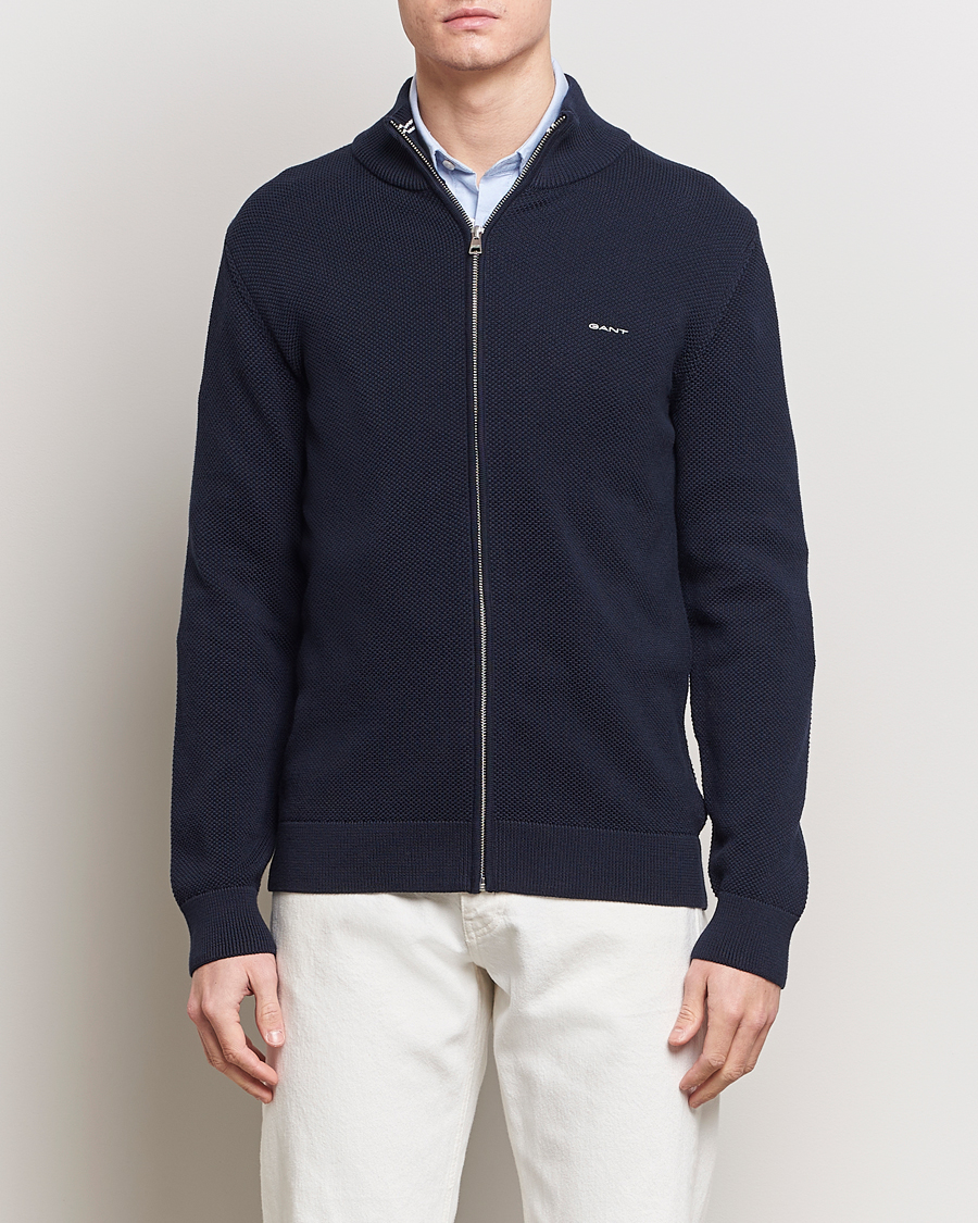 Herre | Tøj | GANT | Cotton Pique Full-Zip Sweater Evening Blue