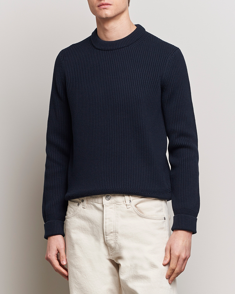 Herre | Pullovers med rund hals | Morris | Arthur Navy Cotton/Merino Knitted Sweater Navy