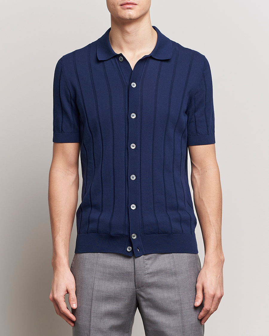 Herre | Gran Sasso | Gran Sasso | Cotton Structured Knitted Short Sleeve Shirt Light Navy