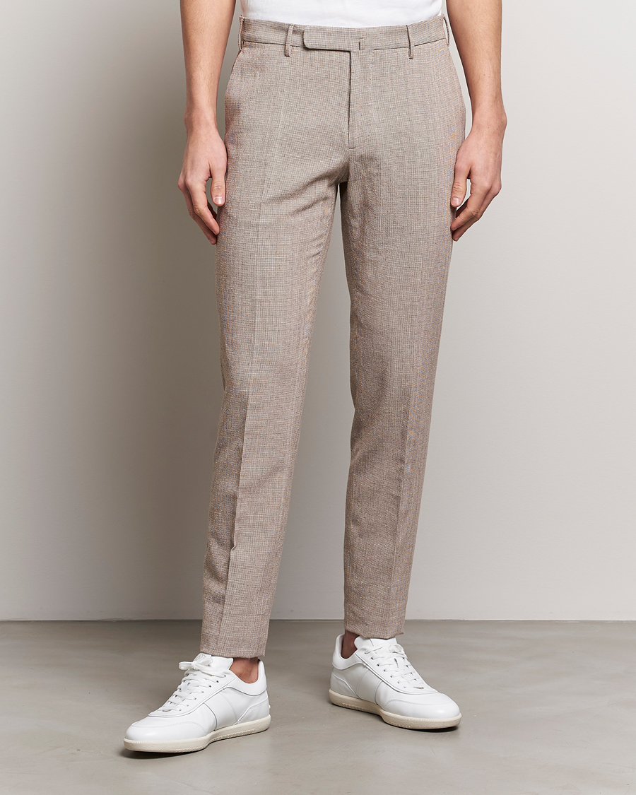 Herre | Hørbukser | Incotex | Slim Fit Cotton/Linen Micro Houndstooth Trousers Beige