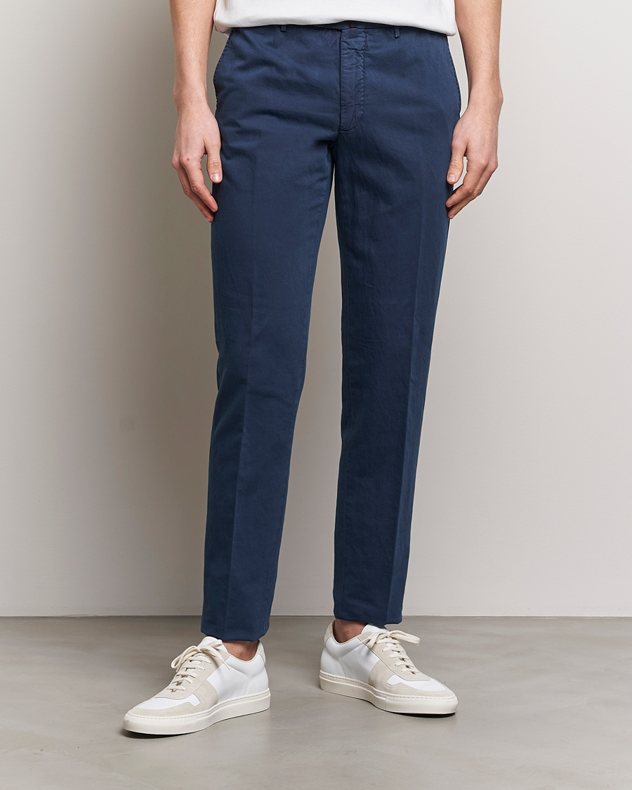 Herre | Hørbukser | Incotex | Regular Fit Comfort Cotton/Linen Trousers Navy