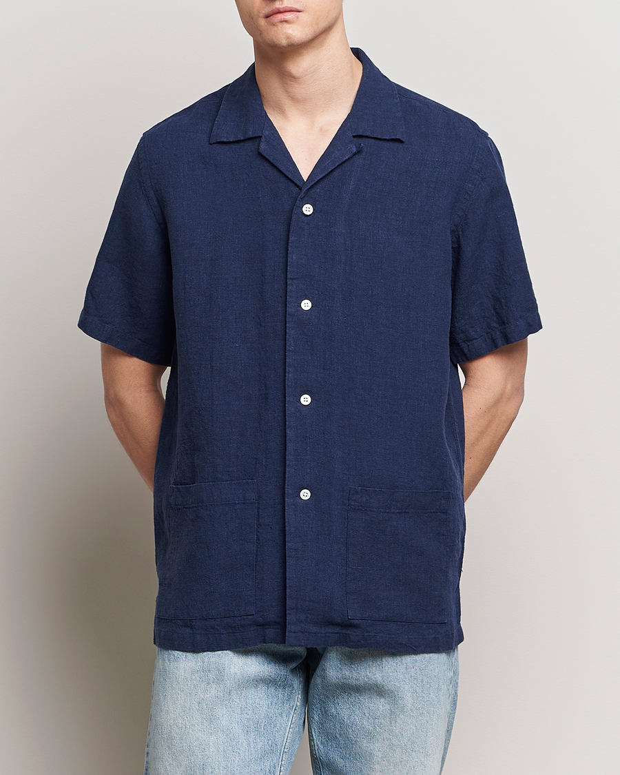 Herre | Nyheder | Kamakura Shirts | Vintage Ivy Heavy Linen Beach Shirt Navy