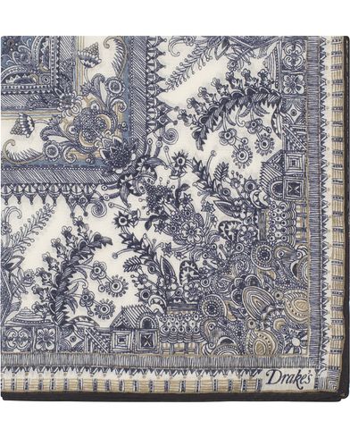  Cotton/Silk Oriental Gardens Printed Pocket Square Navy