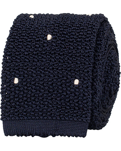 Drake's Knitted Silk Handsewn Spots 6.5 cm Tie Navy/White