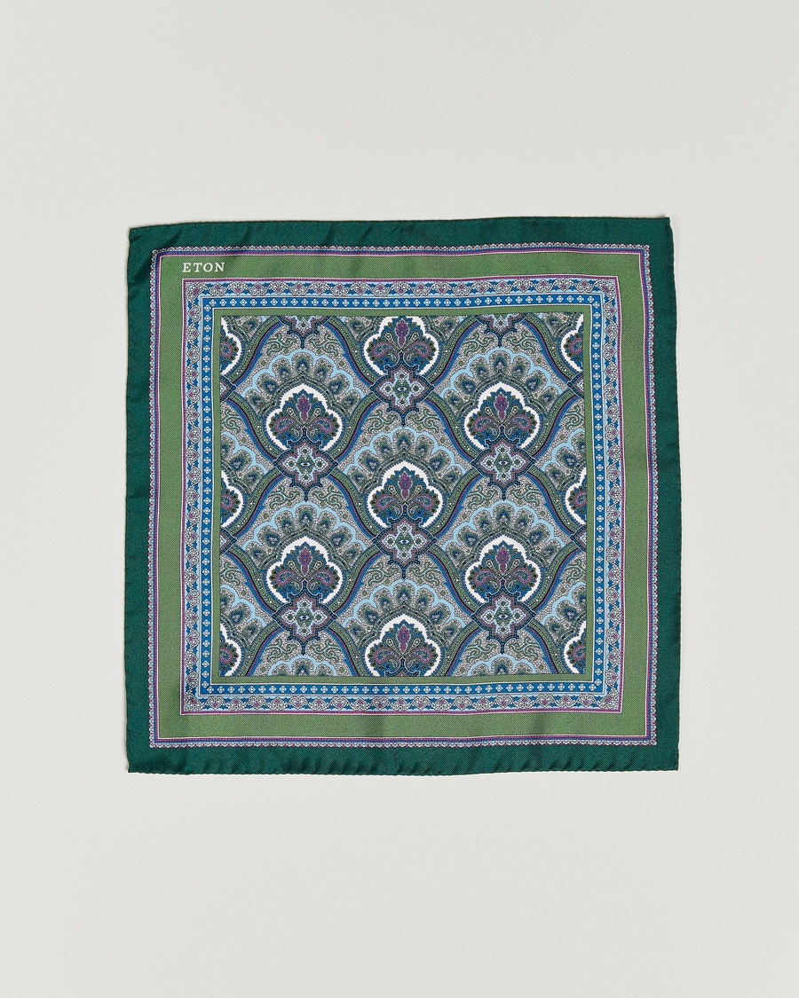  Silk Paisley Print Pocket Square Green