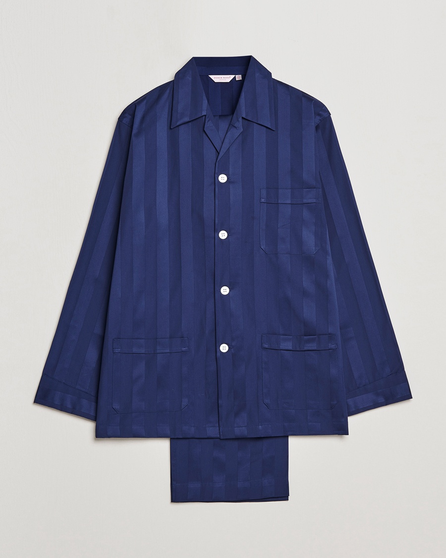 Herre | | Derek Rose | Striped Cotton Satin Pyjama Set Navy