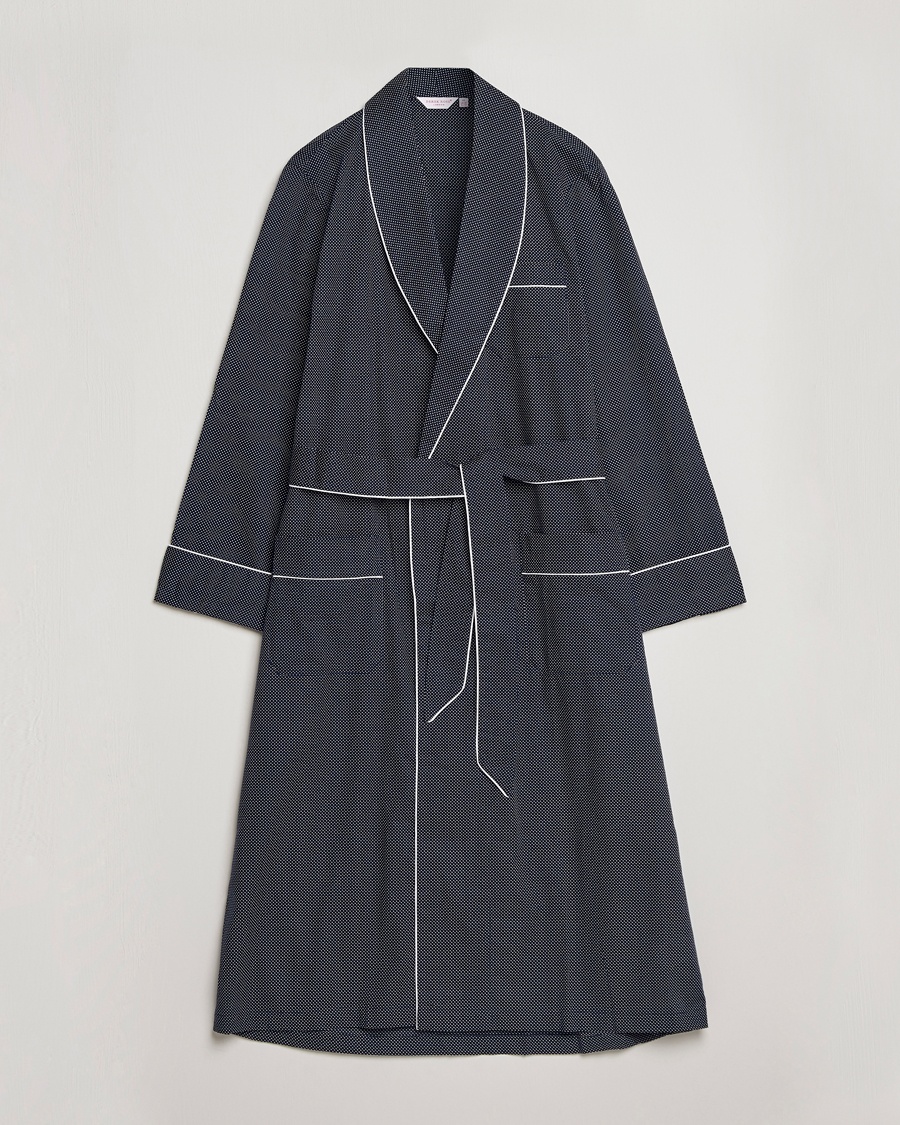 Derek Rose Polka Dot Cotton Satin Dressing Gown Navy – Blå