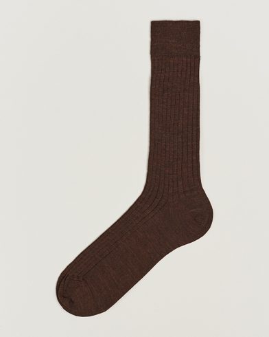 Herre |  | Bresciani | Wool/Nylon Ribbed Short Socks Brown Melange