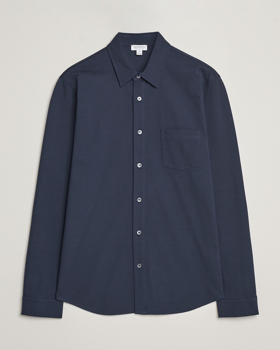 Sunspel Long Sleeve Button Down Pique Shirt Navy – Blå