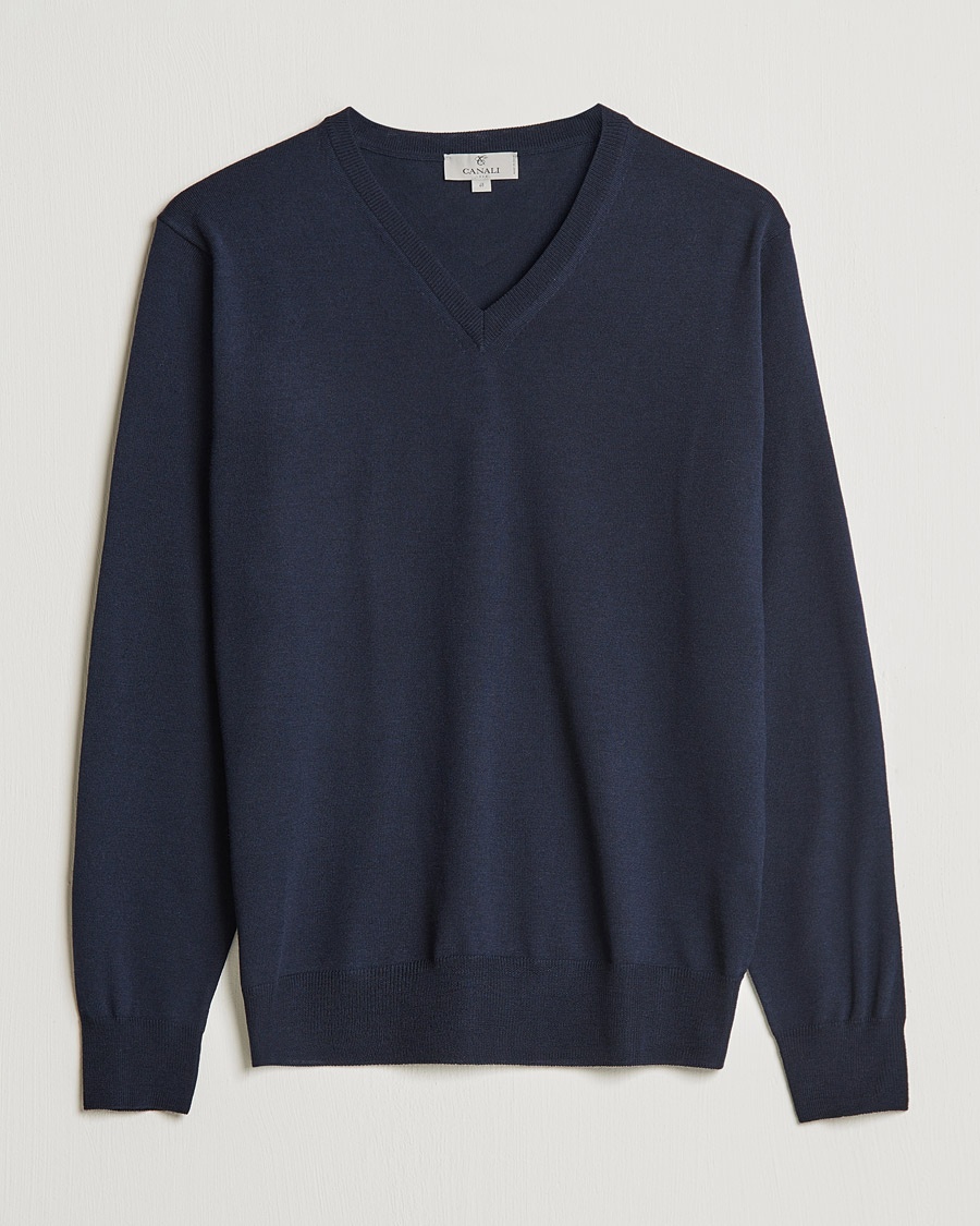 Herre | Pullovers med v-hals | Canali | Merino Wool V-Neck Navy