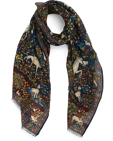 Drake's Wool/Silk Printed Mythical Forest Scarf Navy