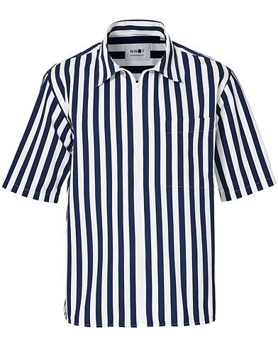 Kortærmede skjorter |  Idi Stripe Zip Short Sleeve Shirt White/Navy