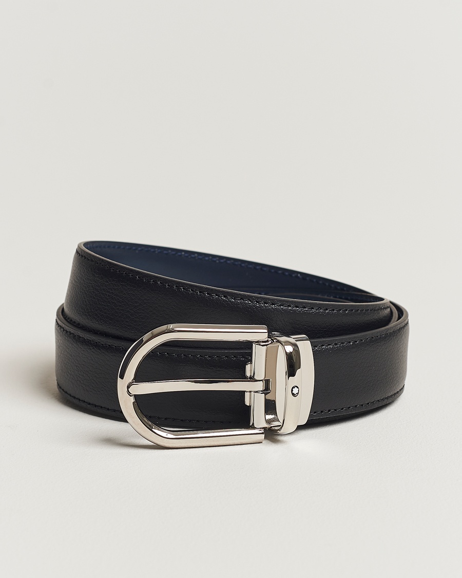 Montblanc Reversible Horseshoe Leather Belt 30mm Blue/Black Grain – Blå