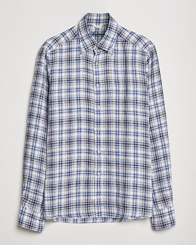 Herre | Udsalg tøj | Stenströms | Slimline Cut Away Checked Linen Shirt Blue/Beige