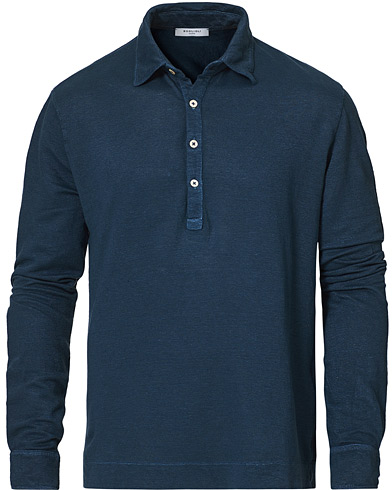 Langærmet Polo |  Washed Linen Long Sleeve Polo Navy