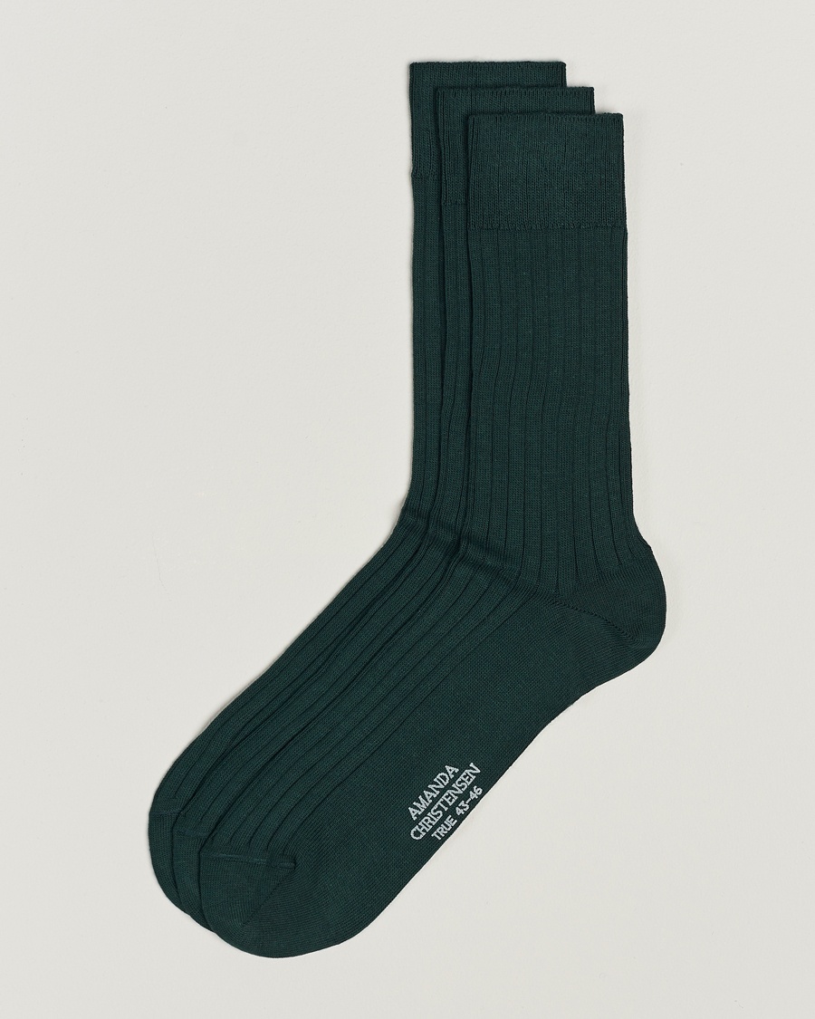 Amanda Christensen 3-Pack True Cotton Ribbed Socks Bottle Green – Grøn