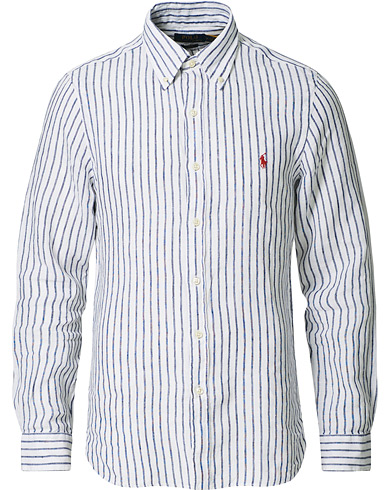 Hørskjorter |  Slim Fit Linen Button Down Striped Shirt White/Navy