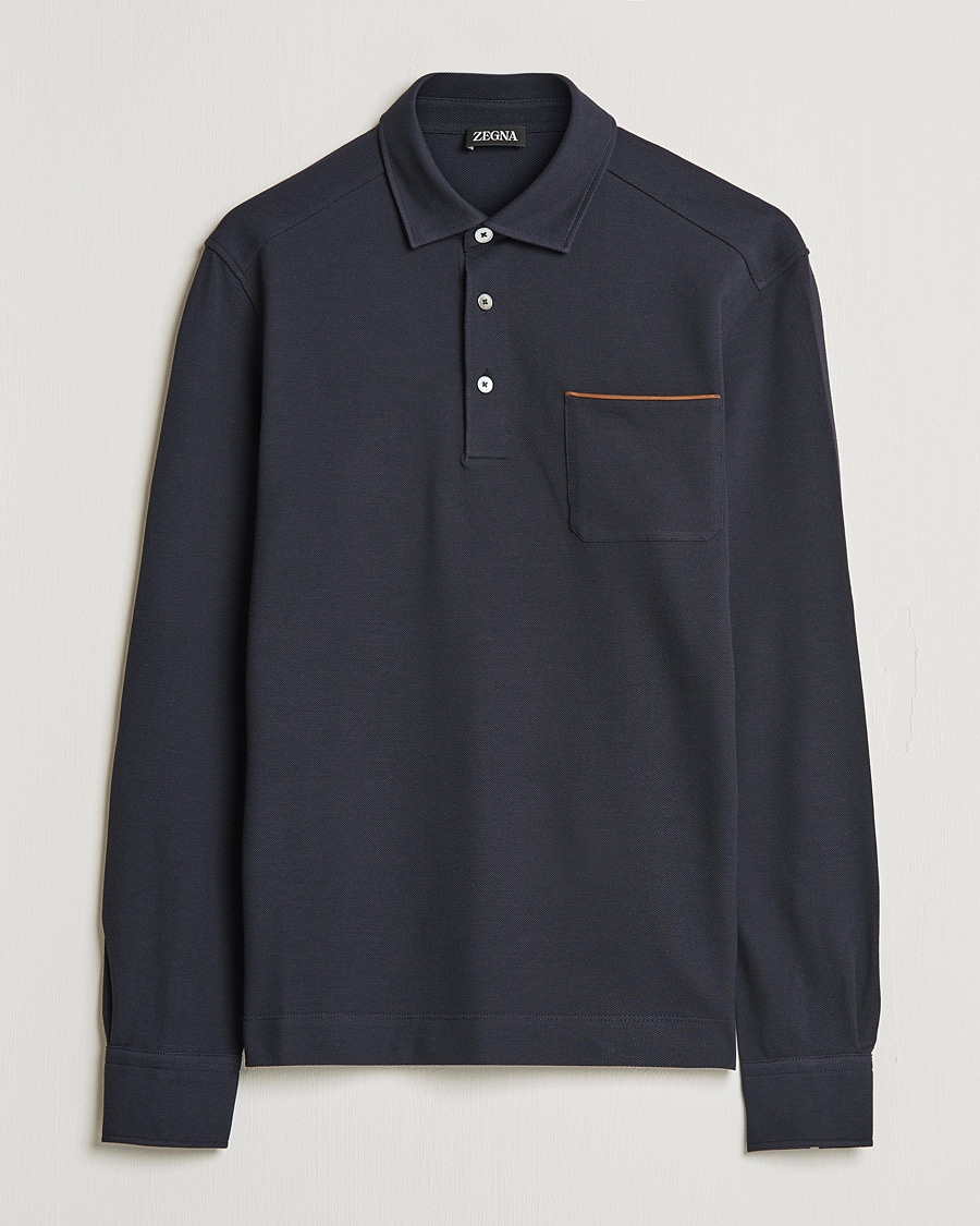 Zegna Long Sleeve Cotton Piquet Polo Navy – Blå