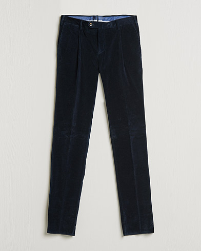 Herre |  | PT01 | Slim Fit Pleated Corduroy Trousers Navy