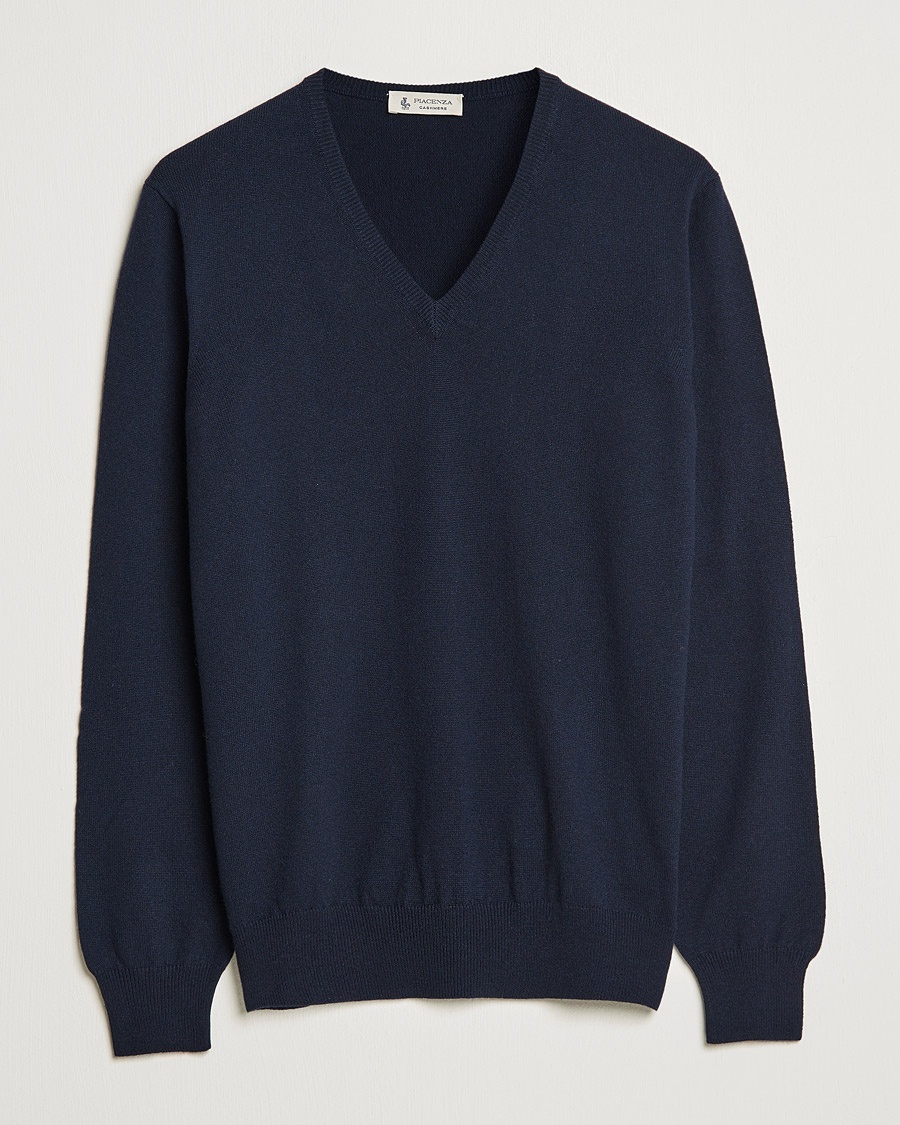 Piacenza Cashmere Cashmere V Neck Sweater Navy – Blå