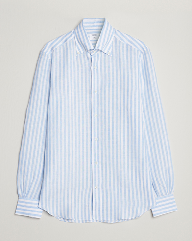 Herre | Hørskjorter | Mazzarelli | Soft Linen Button Down Shirt Light Blue Stripe
