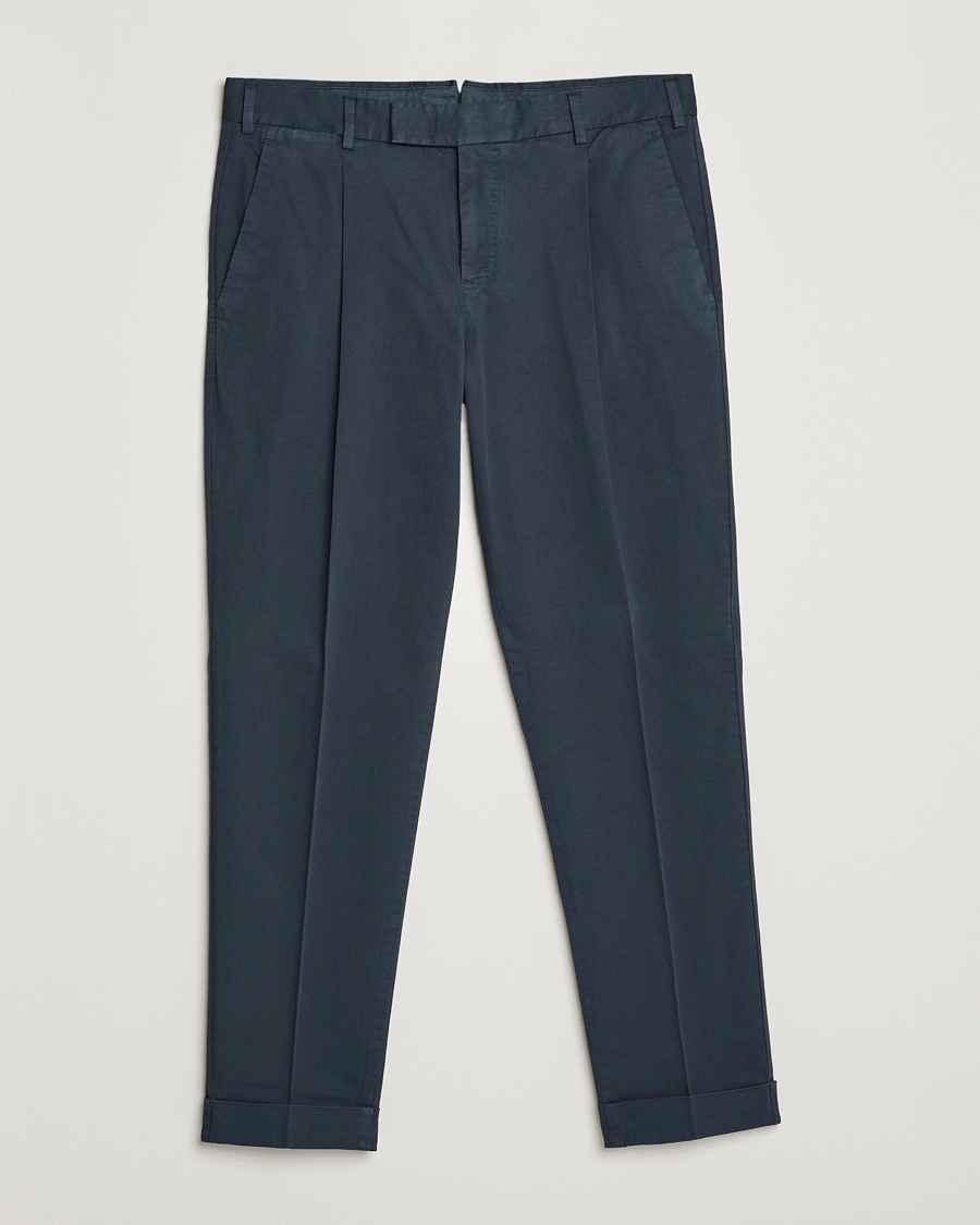 Herre | PT01 | PT01 | Slim Fit Pleated Linen Blend Trousers Navy