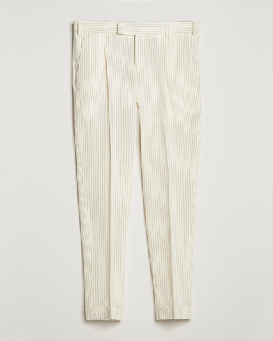 Herre |  | PT01 | Slim Fit Pleated Wool Seersucker Trousers Off White