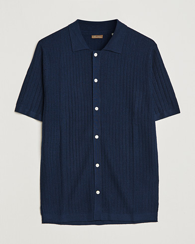 Herre |  | Stenströms | Merino/Lyocell Ribbed Buttoned Polo Shirt Navy