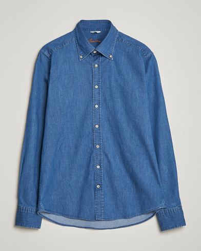 Herre | Tøj | Stenströms | Slimline Button Down Garment Washed Shirt Mid Blue Denim