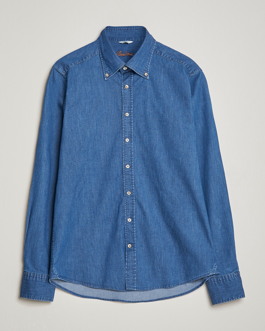 Stenströms Slimline Button Down Garment Washed Shirt Mid Blue Denim – Blå