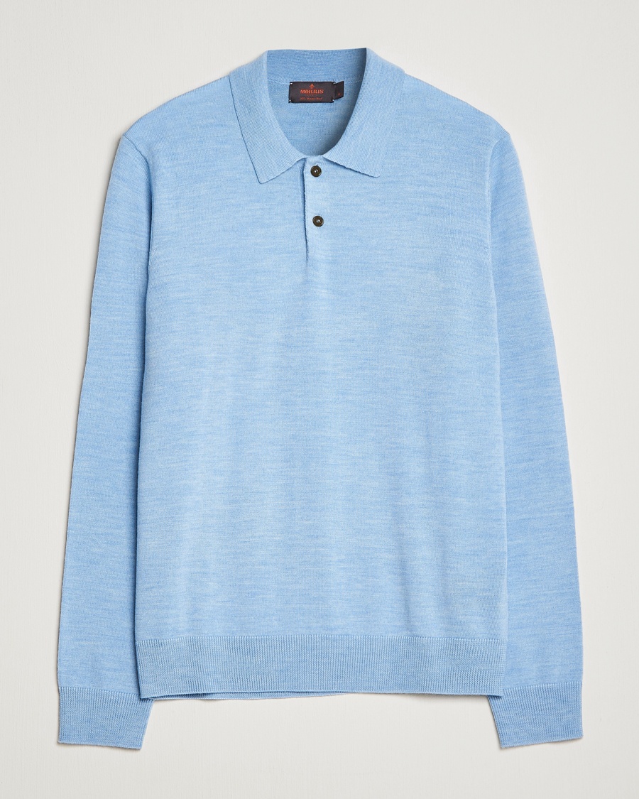 Morris Merino Knitted Polo Light Blue – Blå