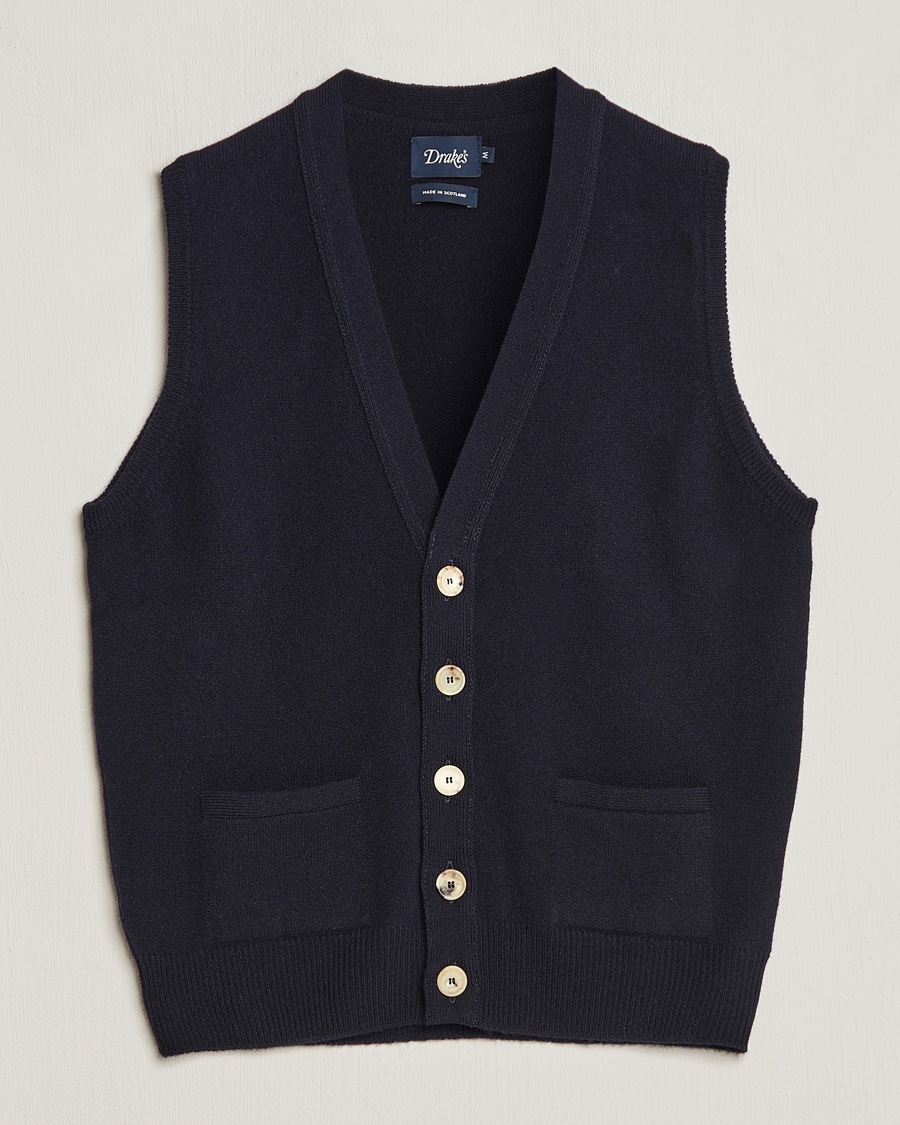 Drake's Lambswool Vest Cardigan Navy – Blå