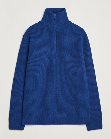Herre |  | Nudie Jeans | August Wool Rib Knitted Half Zip Royal Blue