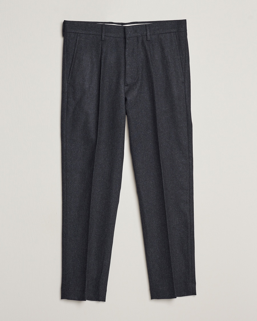 NN07 Bill Brushed Flannel Pleated Trousers Navy Blue – Blå