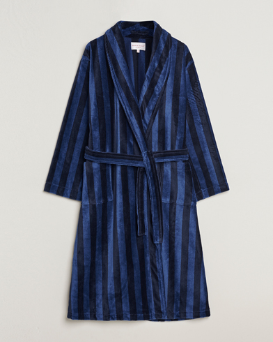 Herre | Morgenkåber | Derek Rose | Cotton Velour Striped Gown Navy/Blue