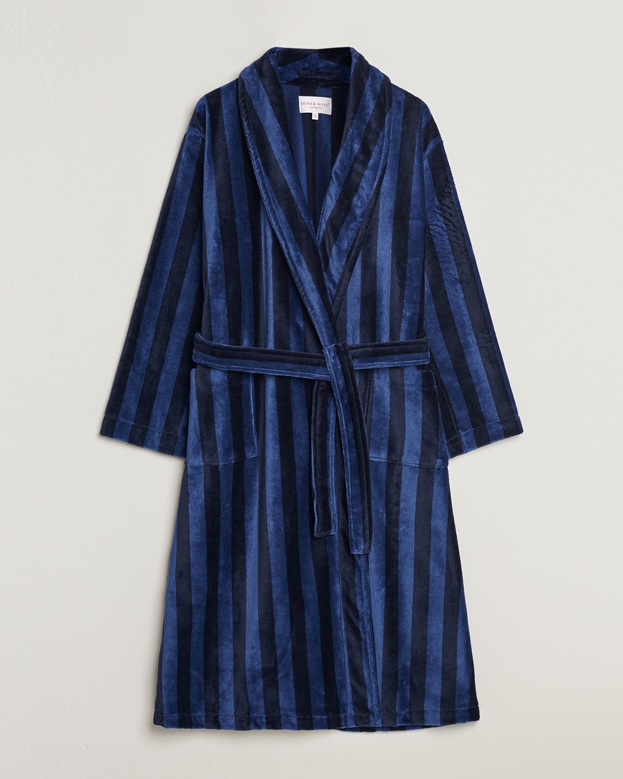 Derek Rose Striped Cotton Velour Gown Navy – Blå