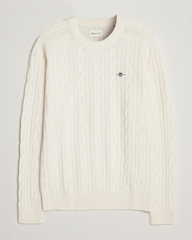 Herre | Pullovers med rund hals | GANT | Lambswool Cable Crew Neck Pullover Cream