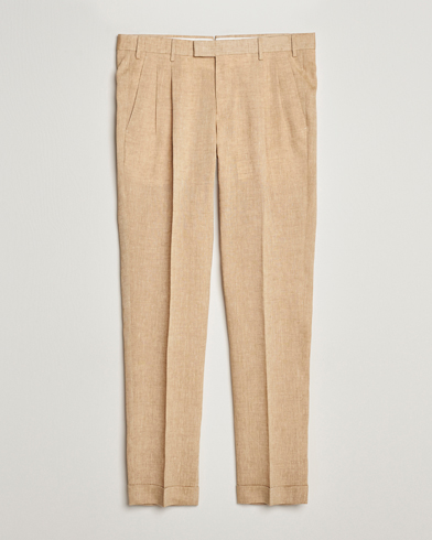 Herre | PT01 | PT01 | Slim Fit Pleated Linen Trousers Light Beige