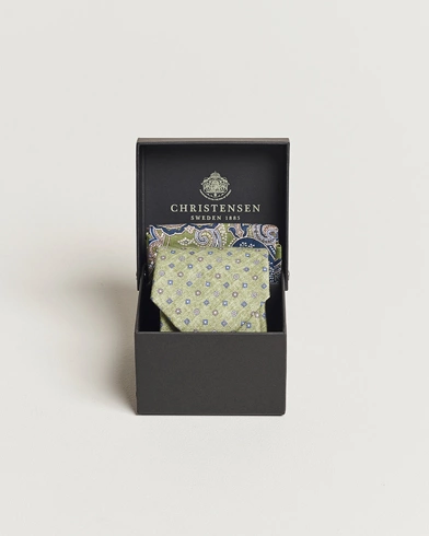  Box Set Printed Linen 8cm Tie With Pocket Square Green