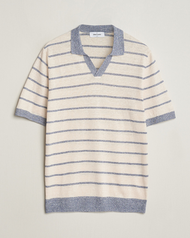 Herre | Italian Department | Gran Sasso | Linen/Cotton Knitted Striped Open Collar Polo Cream/Blue