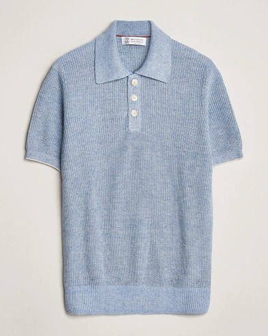  Cotton/Linen Rib Knitted Polo Light Blue