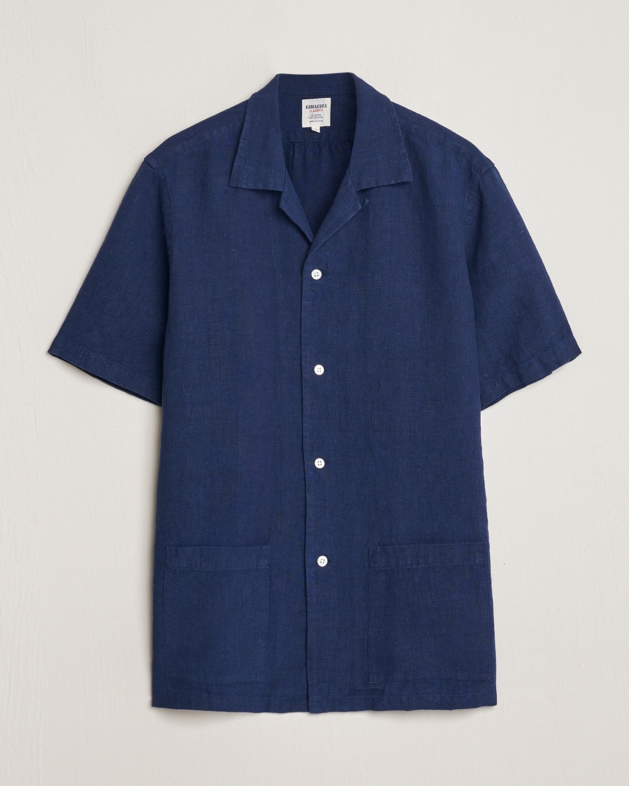 Kamakura Shirts Heavy Linen Beach Shirt Navy – Blå
