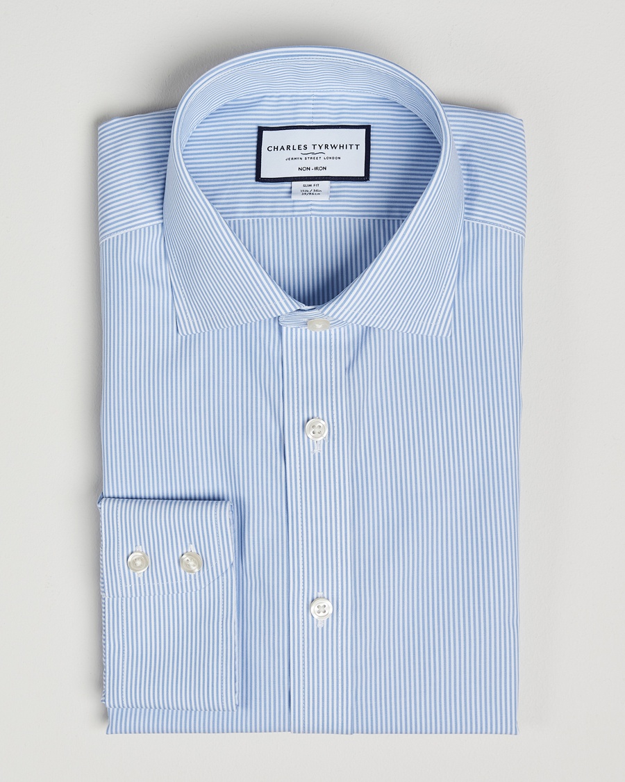 Charles Tyrwhitt Slim Fit Non Iron Bengal Stripe Poplin Shirt Sky Blue – Blå